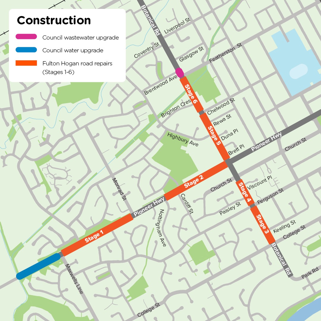 Map indicates the roadwork on Pioneer highway and botanical road