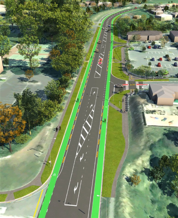 Artist's impression of view from Pacific Drive, looking towards Ruapehu Drive and the Summerhill Shopping Centre. 