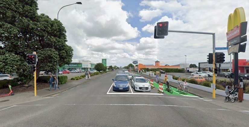 Artist's impression of two-way cycleways on northern side of Featherston Street