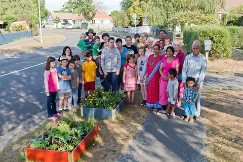 Large group of neighbours in a suburban street with flower and vegetable-filled planter boxes on the berm.