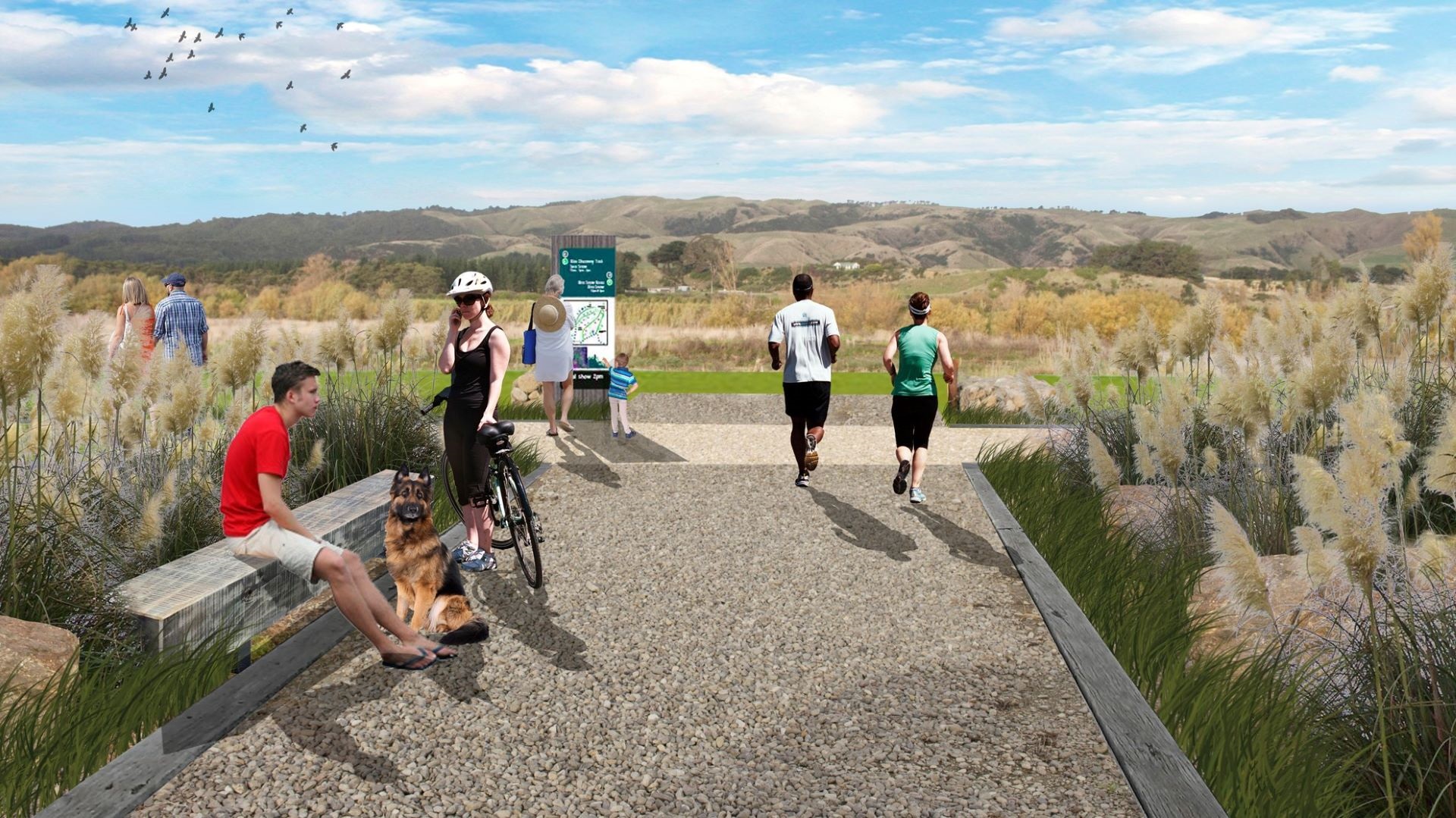 Artist's illustration showing how pathway will look with landscaping and people.