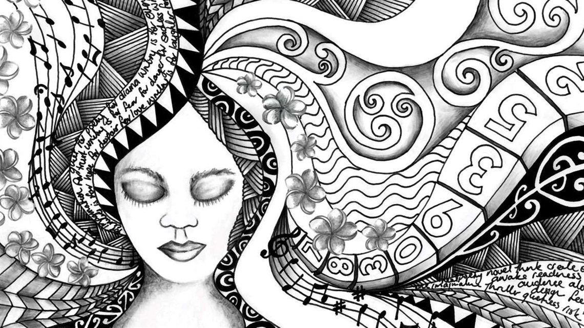 Pen and ink illustration shows kowhaiwhai patterns and musical notes swirling around head of Pasifika woman.