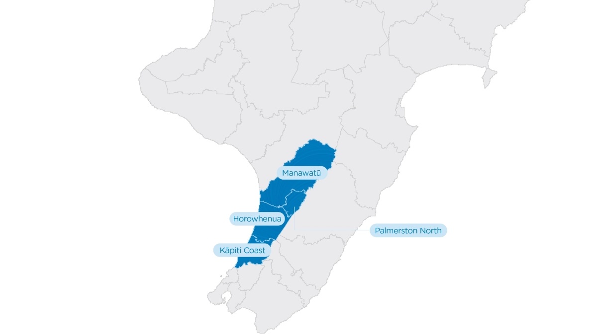 Map of the locations that could be covered by a joint water organisation under option 1: Palmerston North, Horowhenua, Manawatū and Kapiti Coast.