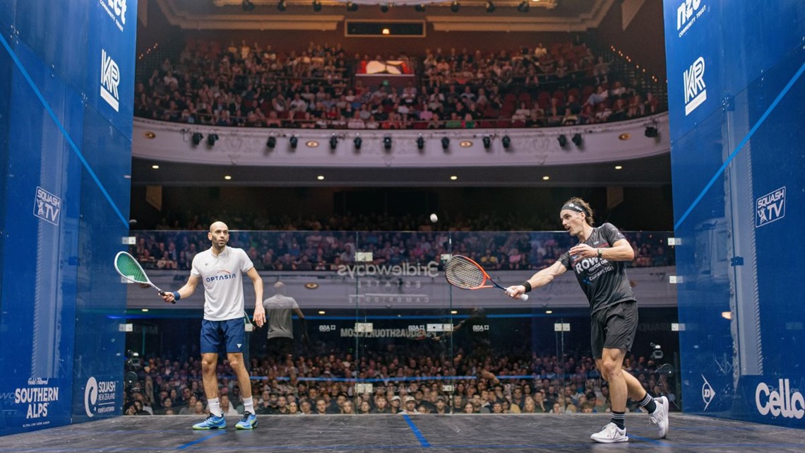 Traditional theatre seats are packed with a crowd enraptured by the action on stage at this year's squash finals in Christchurch.