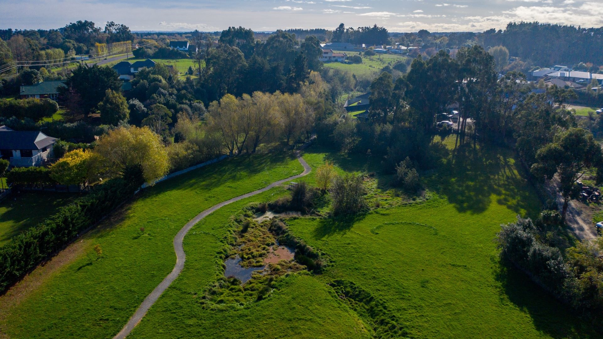 Semi-rural walkway with path winding next to a wetland and lots of trees.