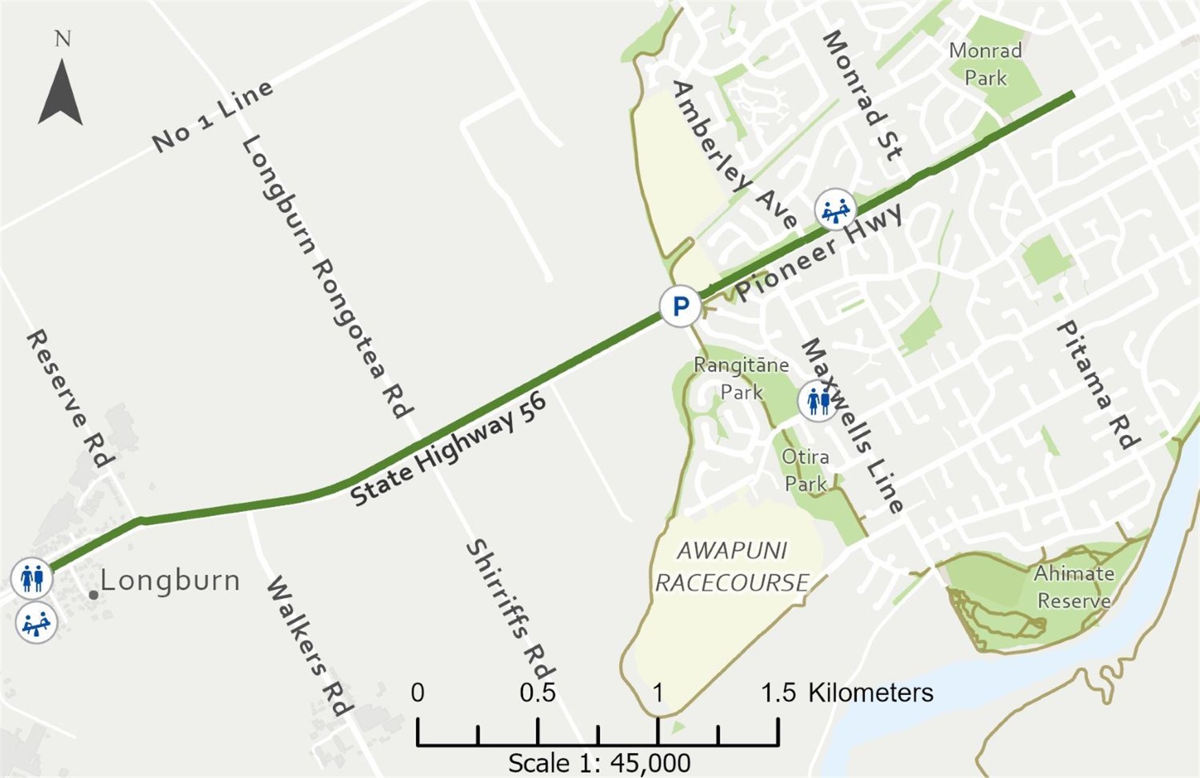 Map shows the pathway from Pioneer Highway to Longburn.
