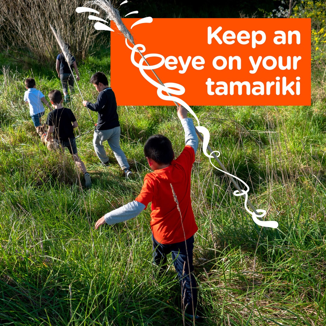 Group of kids walking through the grass with text that says 'Keep an eye on your tamariki'.