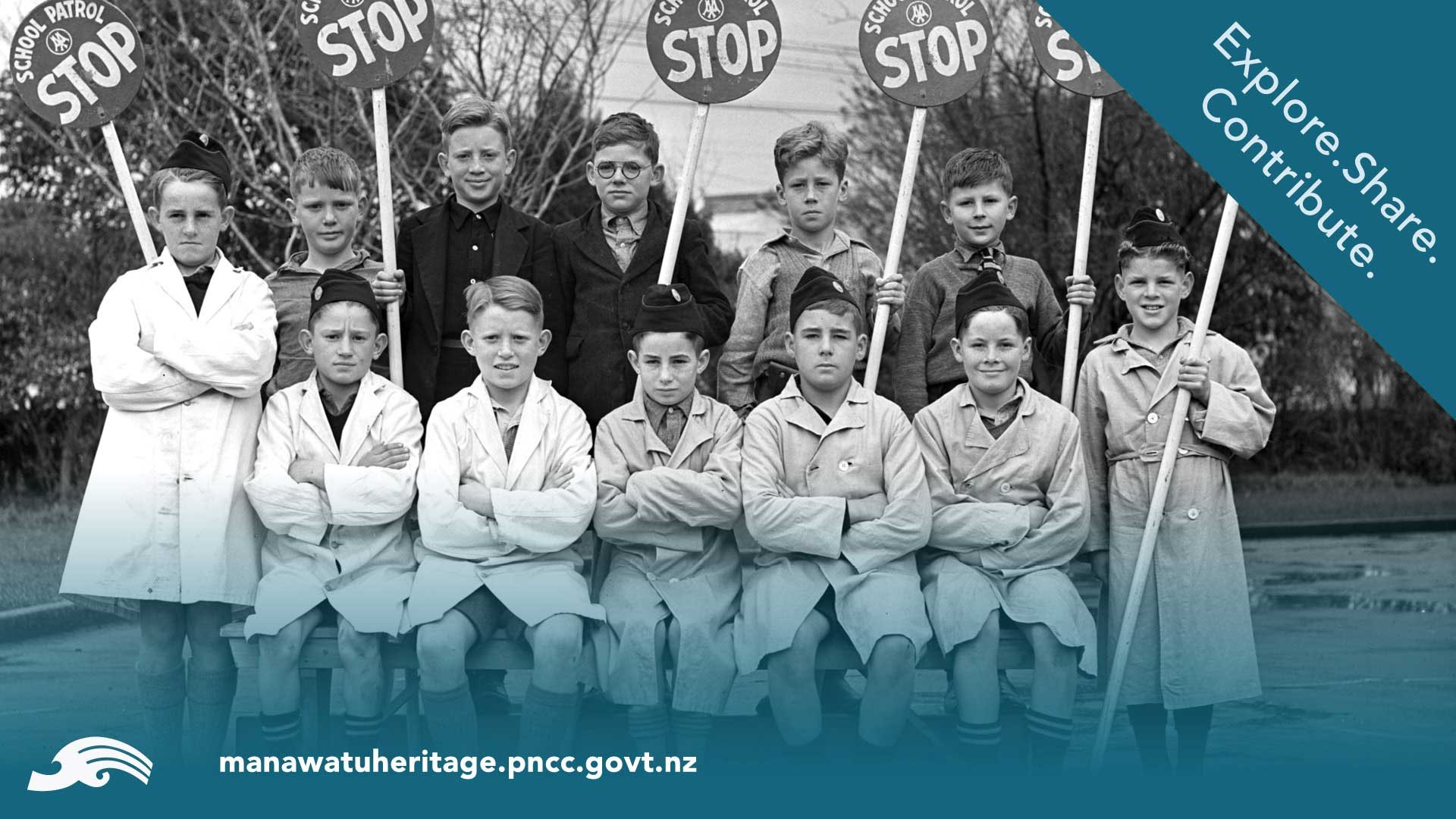 Promotional photo for Manawatu Heritage website shows 1950s schoolboys with stop signs. Text says Explore, Share, Contribute.