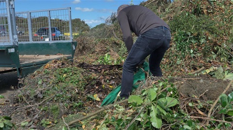 Photo shows person emptying a trailer load of leaves, twigs, grass clippings and other garden waste at Awapuni recycling centre.ings.