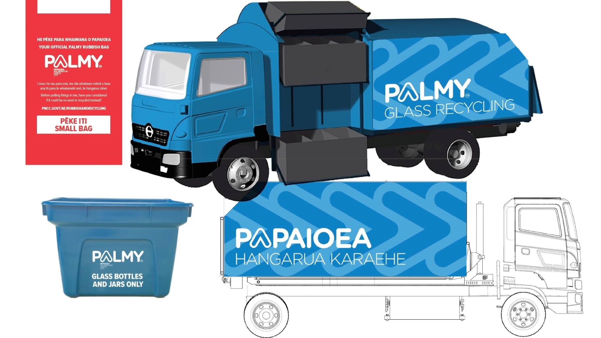  Photo shows how the new brand will be applied on a glass crate, rubbish bag and glass recycling truck.