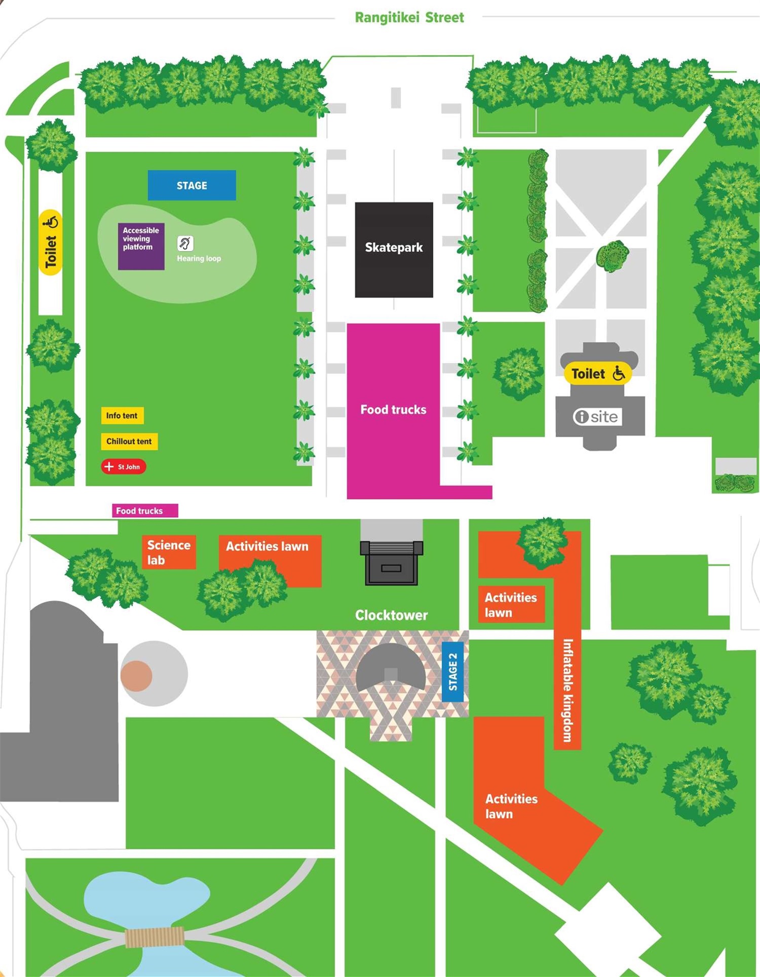 Sitemap for event in the Square, showing the location of the stage, toilets, accessible viewing platform, food trucks and so on.