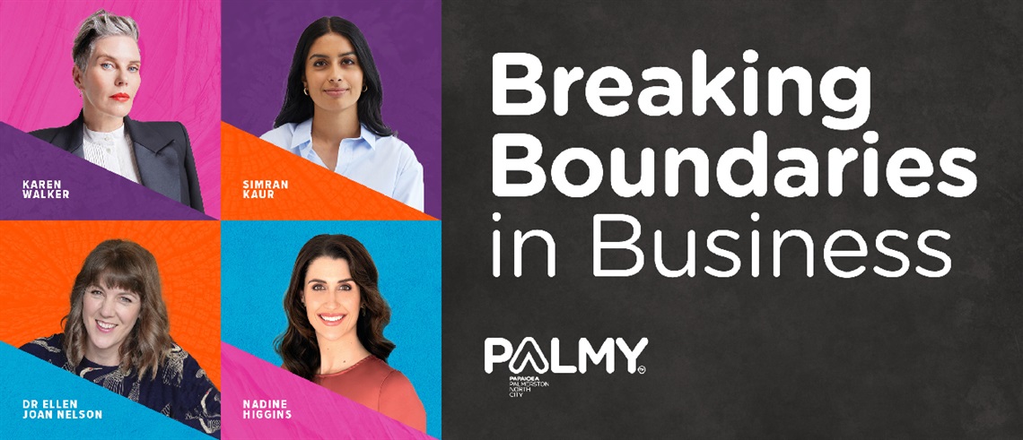 Poster of four women on the left and the slogan read breaking boundaries in business