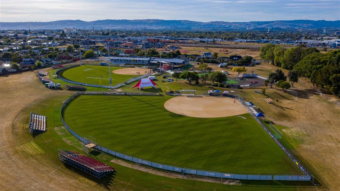 Photo shows the softball diamonds at the park.