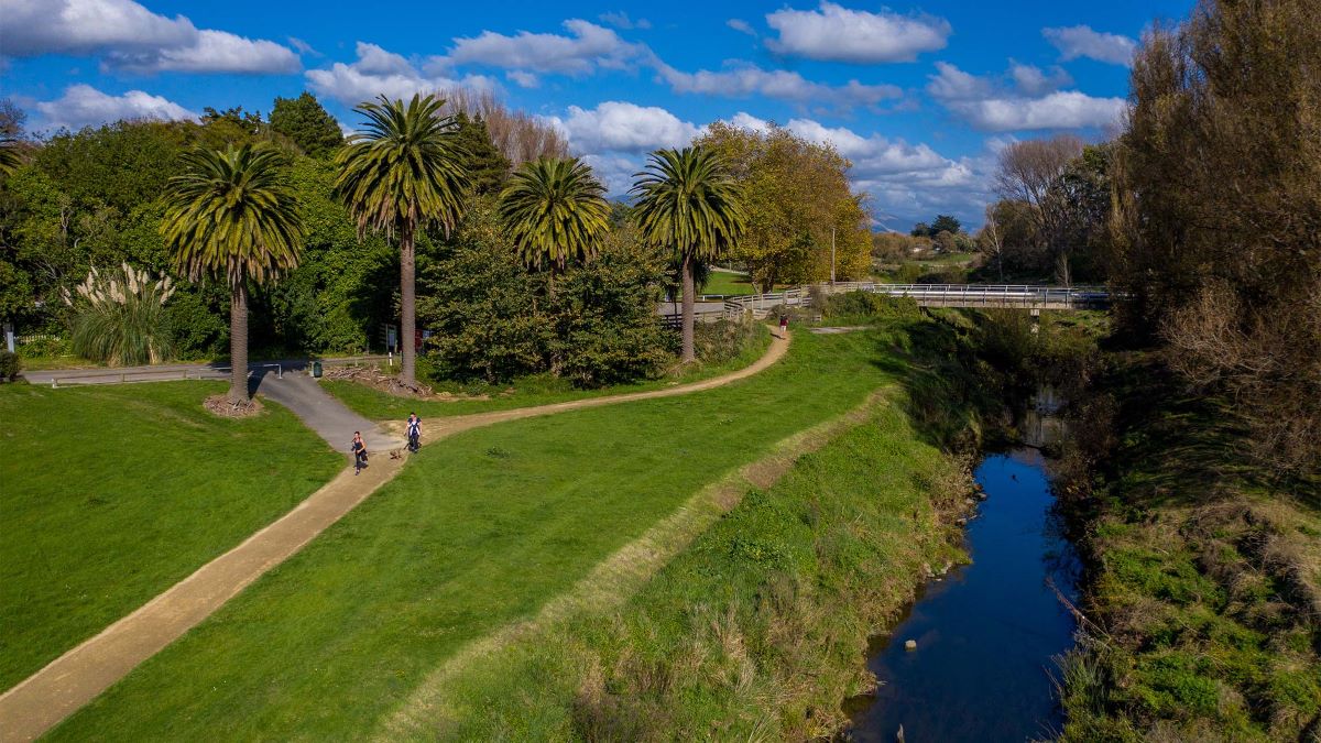 Limestone walkway winding along a mowed grass stopbank next to the stream, with palm trees in the background.