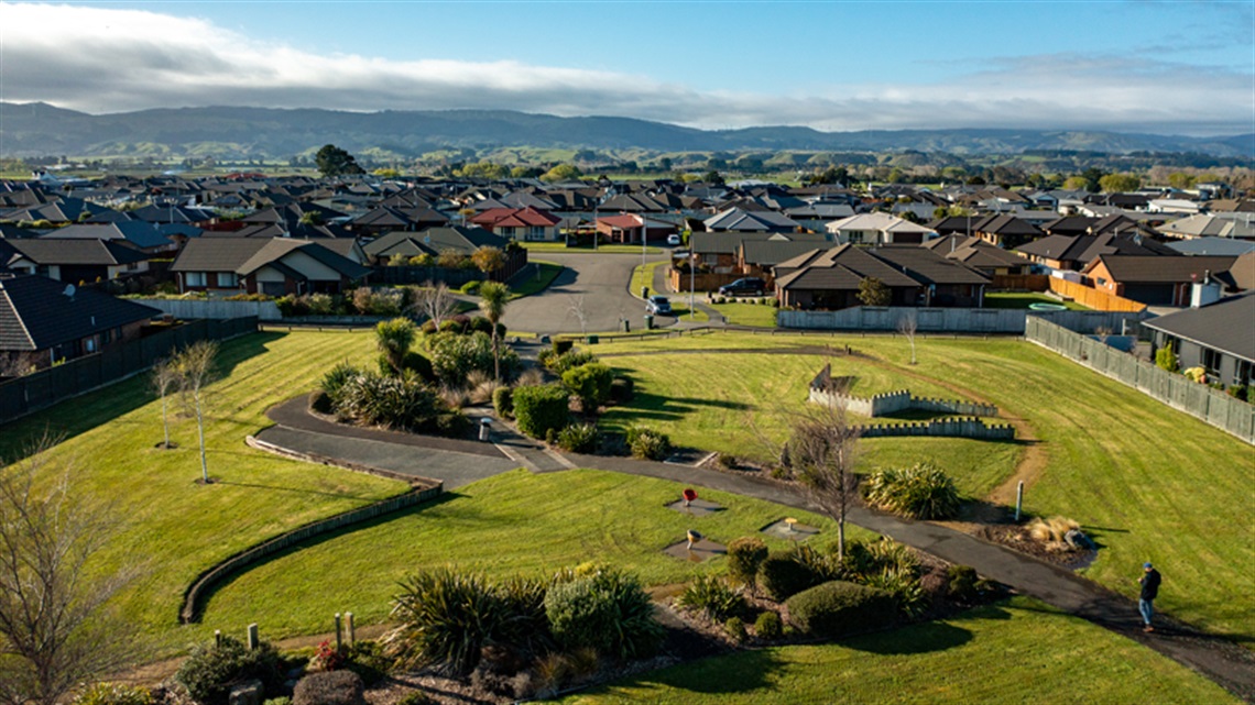 Photo shows aerial view of Matheson Reserve with the nearby residential properties.