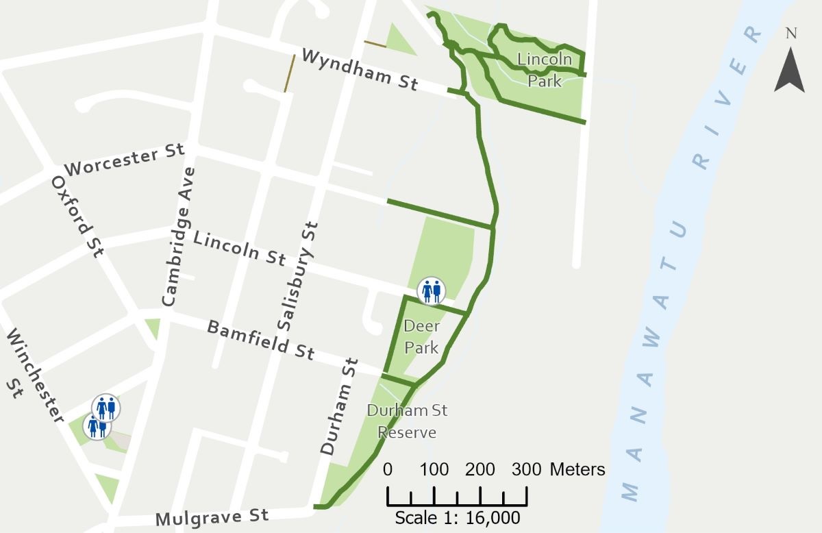 Map showing the walking route through Durham Street Reserve, around the perimeter of Deer Park, continuing on and through Lincoln Park.