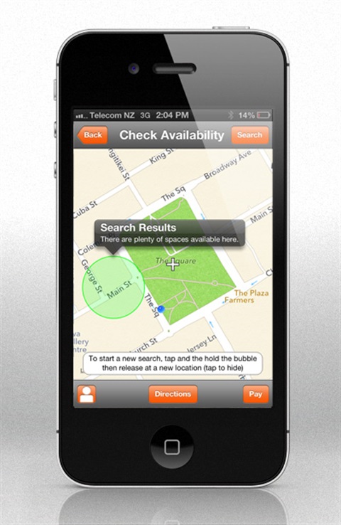 Photo shows smartphone screen showing what the Frogparking app looks like.