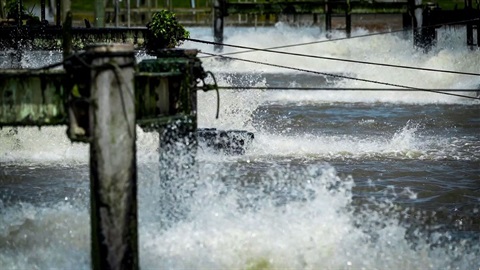 Photo shows fast-moving water flowing at the treatment plant.