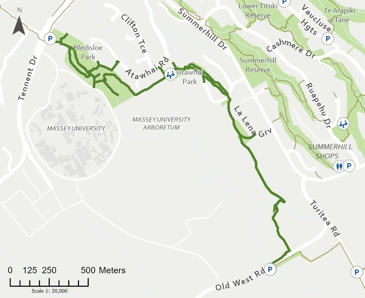A map of the walkways at Bledisloe Park and between Bledisloe Park and Old West Road.