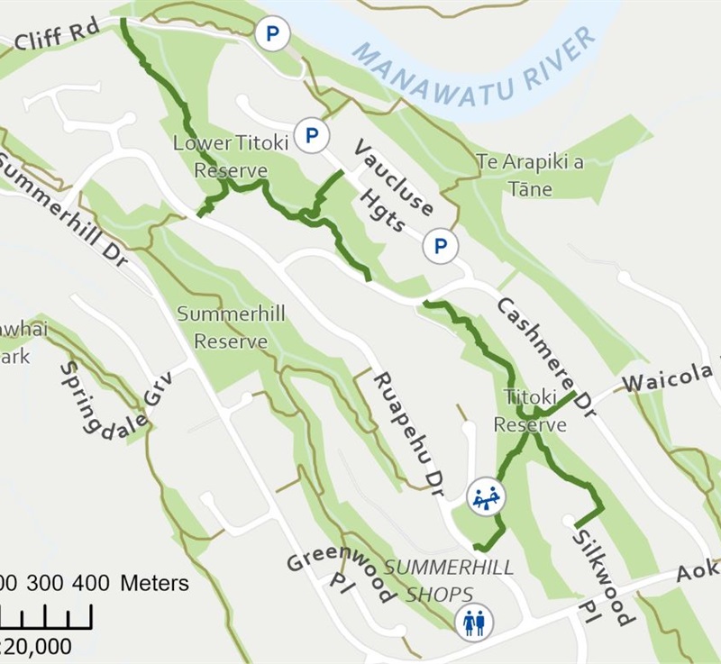 The Titoki walkway can be accessed from Ruapehu Drive, Sycamore Crescent, Cashmere Drive or Silkwood Place.