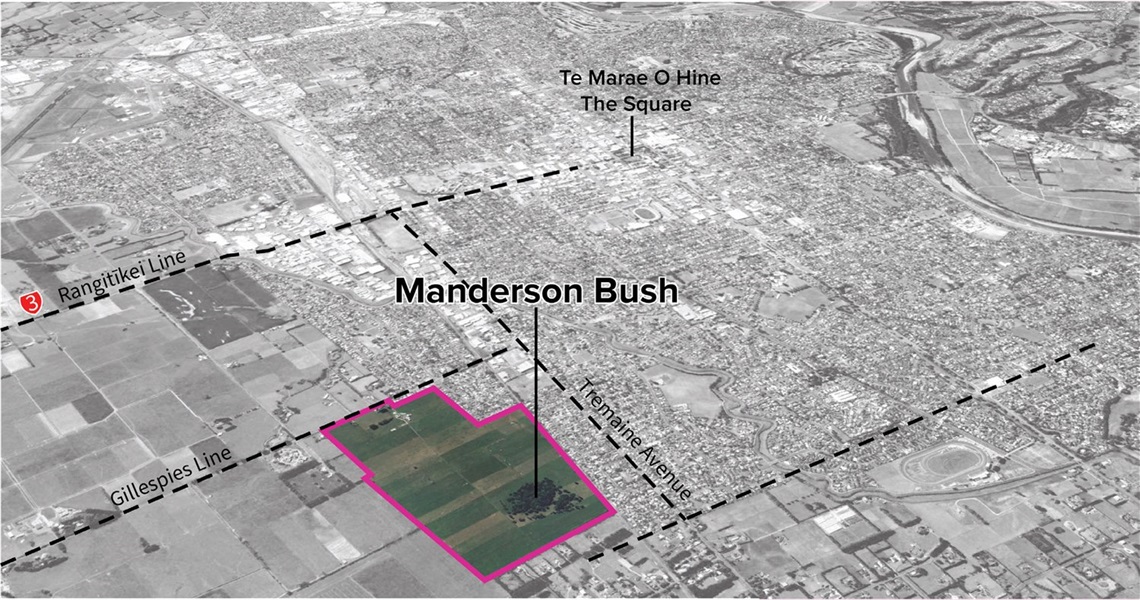 Image shows aerial view of a flat section and bush under the blue sky