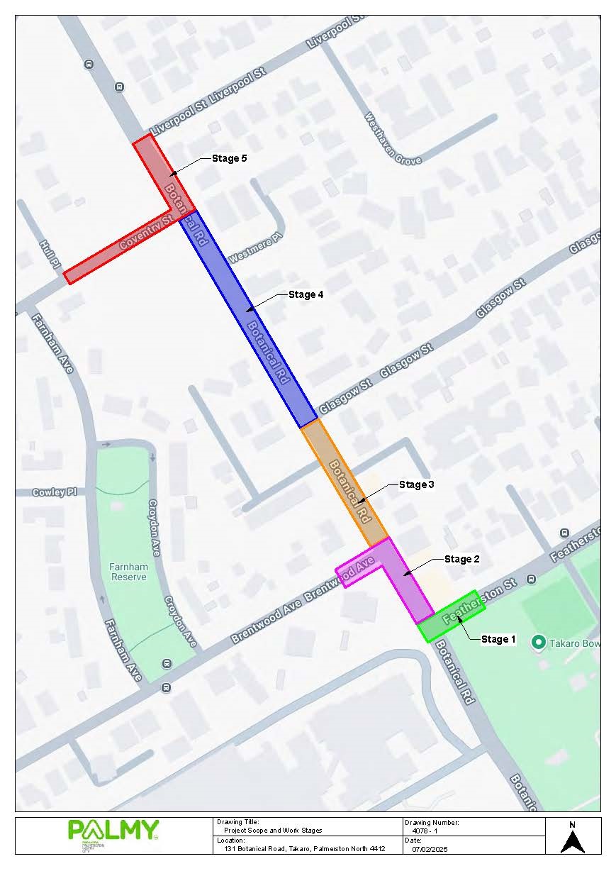 Map shows the five stages of Botanical Road wastewater project