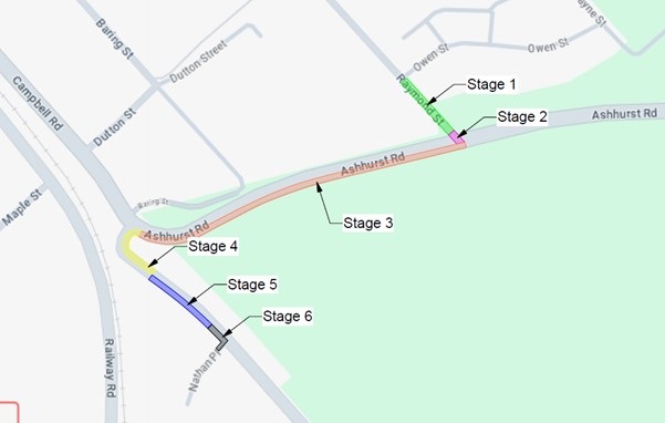 Map shows the six stages for the watermain upgrade project along Ashhurst and Stoney Creek Roads, near Bunnythorpe