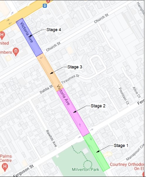 Map indicates the four stages of victoria avenue wastewater upgrade plan